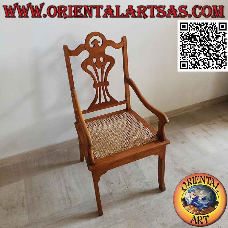 Poltrona in stile "Vittoriano" in legno di teak e seduta in paglia di Vienna