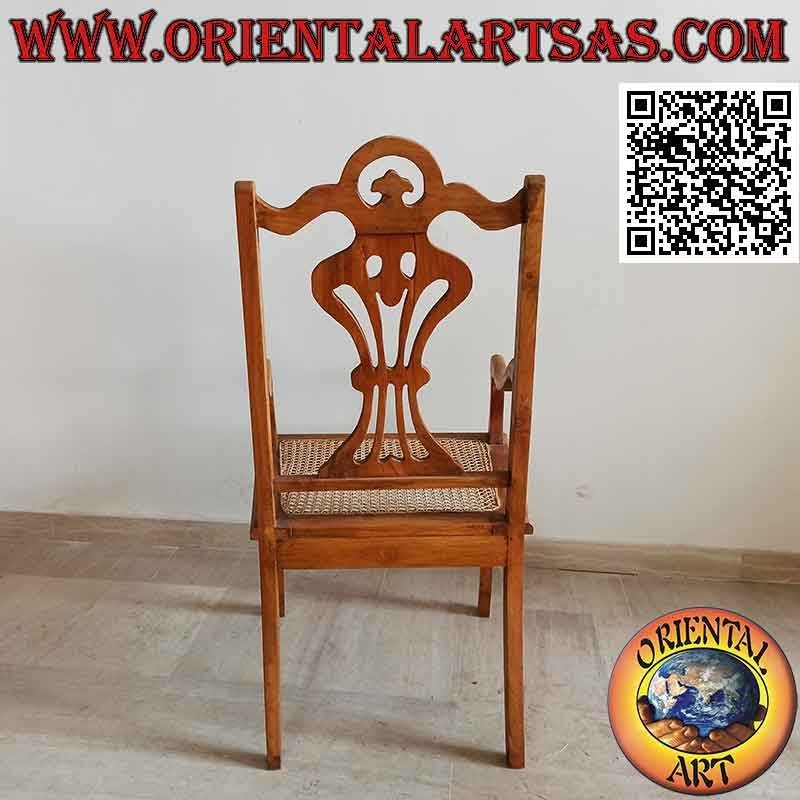 Fauteuil de style "Victorien" en bois de teck et assise en paille de Vienne