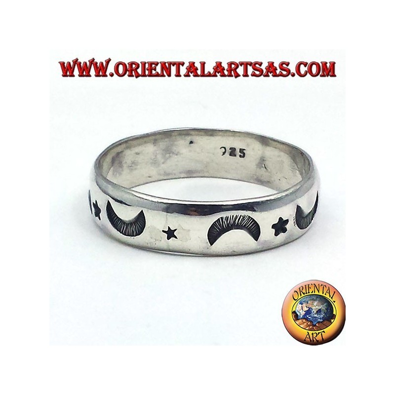 Silber Ring, geschnitzt Stern und Mond