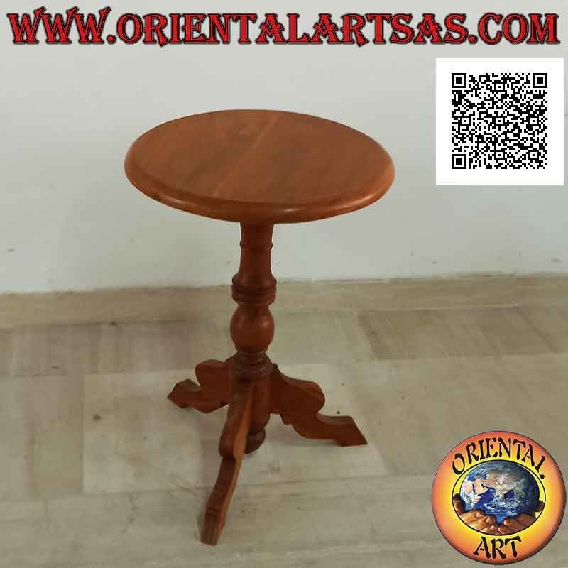 Elegante mesita redonda de tres patas de estilo imperial en madera de teca de 50 Ø cm