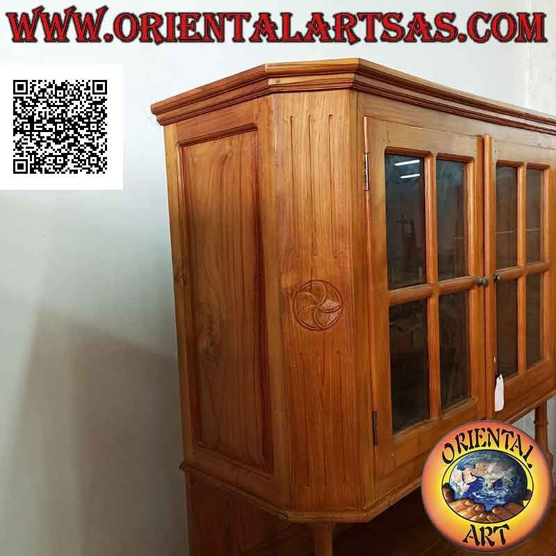Aparador alto con 2 puertas de cristal y 2 puertas cerradas en madera maciza de teca