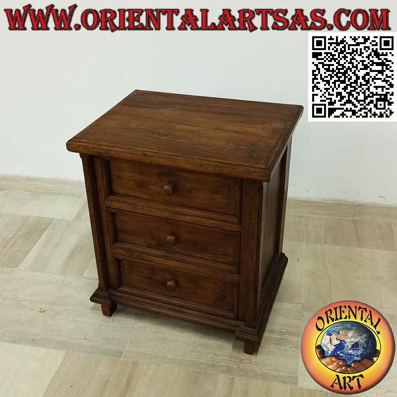 Bedside table with three retractable drawers and low square feet in teak wood