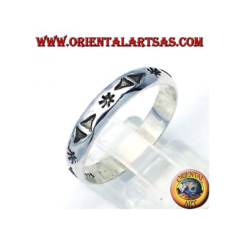 anello in argento, intagliata stella e triangoli