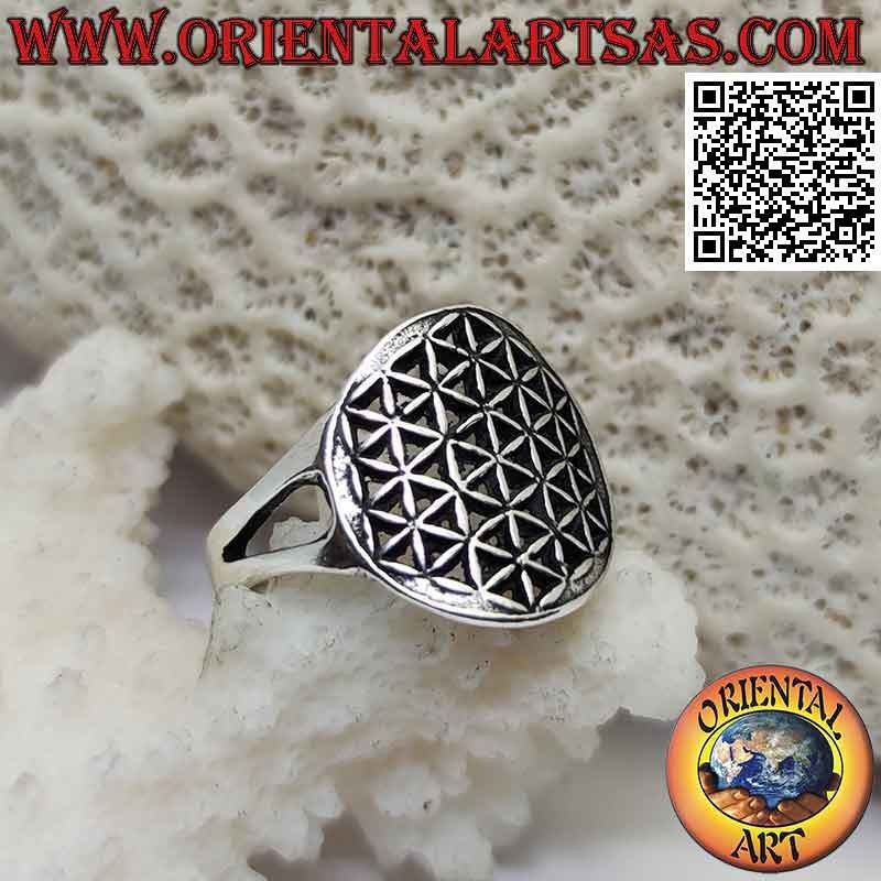 Smooth silver ring with openwork flower of life attached to two