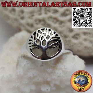 Bague en argent lisse avec arbre de vie simple dans le cercle ajouré