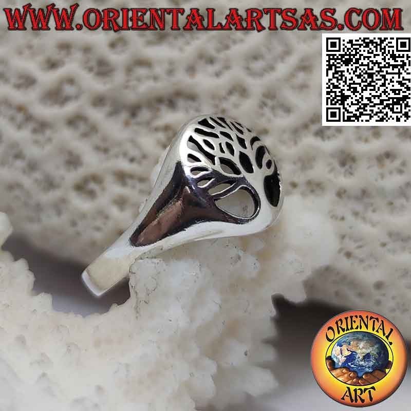 Anello in argento liscio con albero della vita semplice nel cerchio traforato