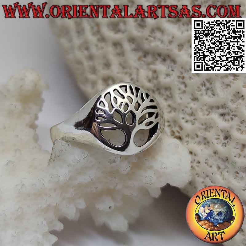 Anillo de plata liso con árbol de la vida simple en el círculo calado