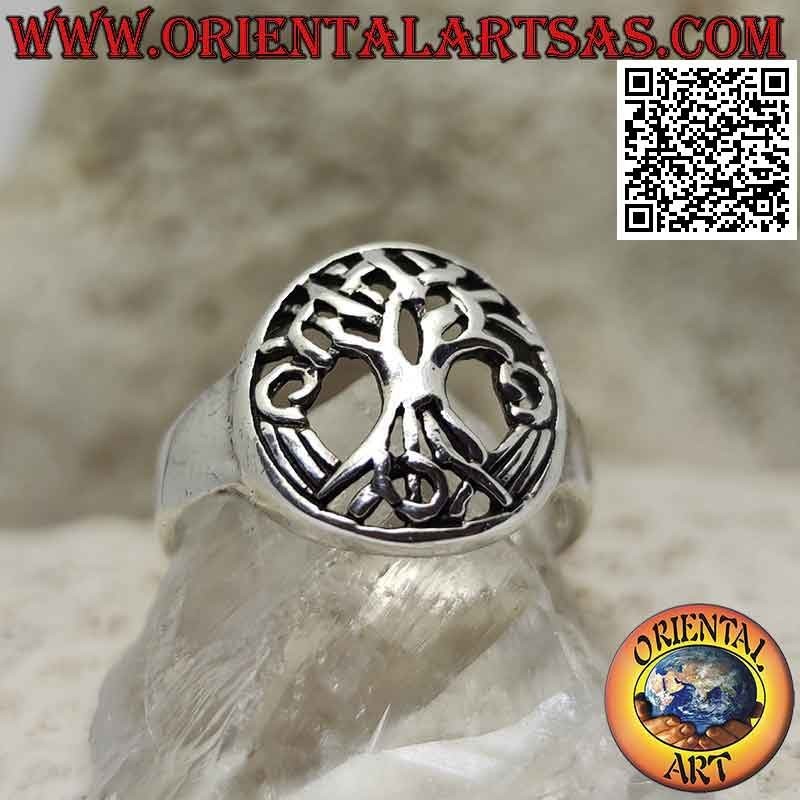 Smooth silver ring with Yggdrasil tree of life in the openwork oval