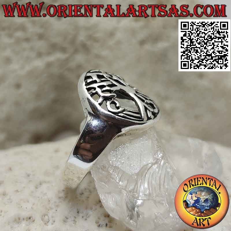 Smooth silver ring with Yggdrasil tree of life in the openwork oval