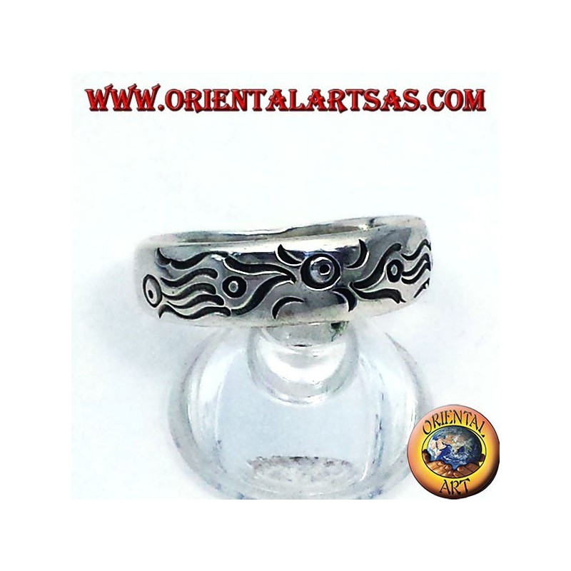 Bague en argent sculpté fin, les poissons Maori