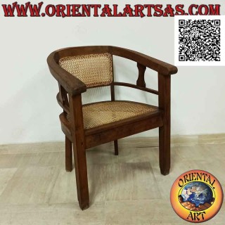 Fauteuil rond en bois de teck avec assise et dossier en paille de Vienne (sangle simple)