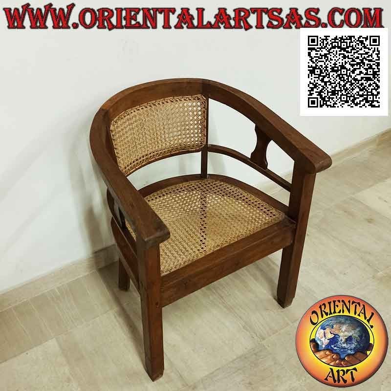 Fauteuil rond en bois de teck avec assise et dossier en paille de Vienne (sangle simple)