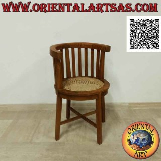 Round armchair with semicircular backrest in teak wood slats and seat in Viennese straw