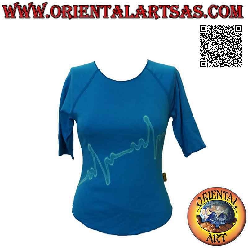 Pull taille libre avec col coupé brut, manches courtes et motif (bleu clair)
