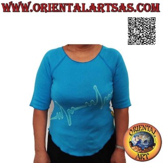 Free size sweater with raw cut collar, short sleeves and pattern (light blue)