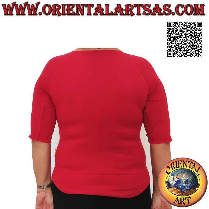 Maglia free size con collo a taglio vivo, maniche corte e fantasia (rosso)