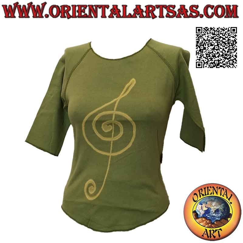 Pull taille libre avec col coupé brut, manches courtes et motif (vert olive)