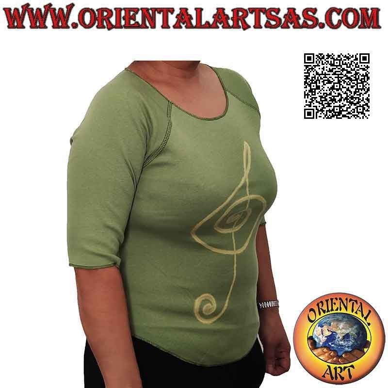 Free size sweater with raw cut collar, short sleeves and pattern (olive green)