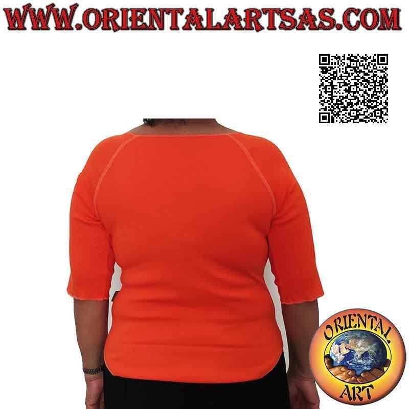 Pull taille libre avec col coupé brut, manches courtes et motif (orange)
