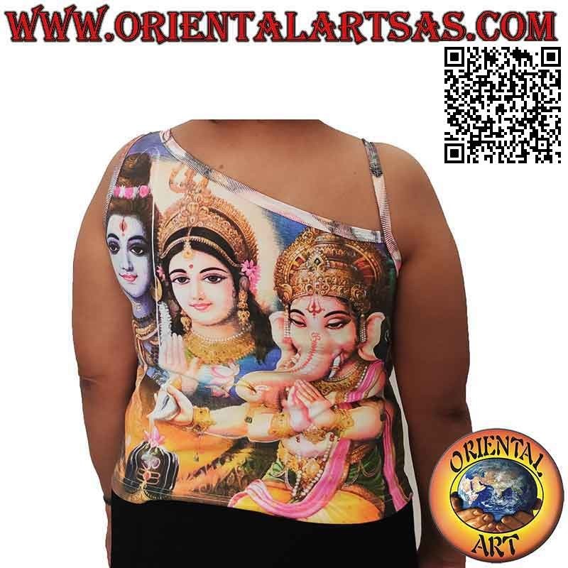 One-shoulder tank top with representations of Hindu deities in cotton