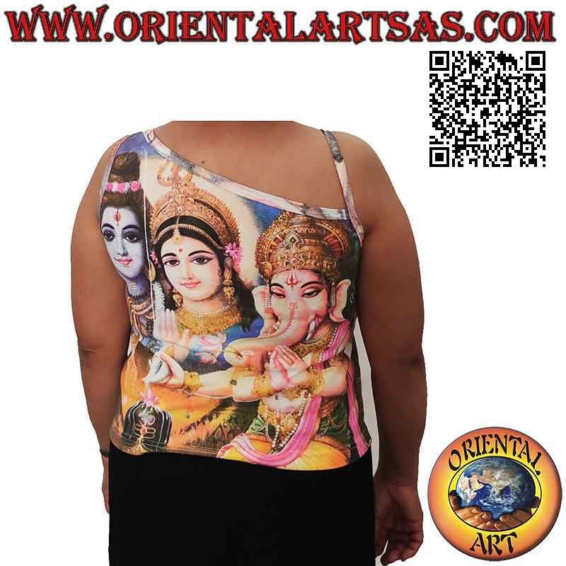 One-shoulder tank top with representations of Hindu deities in cotton