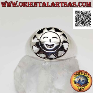 Silver ring, shaped sun with smiling face engraved in the perforated circle
