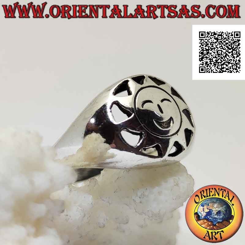 Silver ring, shaped sun with smiling face engraved in the perforated circle