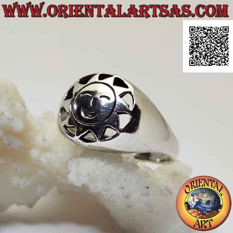 Silver ring, shaped sun with smiling face engraved in the perforated circle
