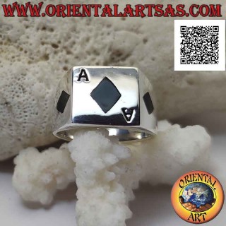 Glatter quadratischer Silberring mit Onyx-Ass aus Diamanten, bündig mit der Mittelkante und an den Seiten