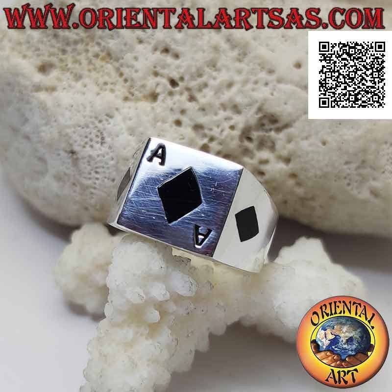 Smooth square silver ring with onyx ace of diamonds flush with the central edge and on the sides