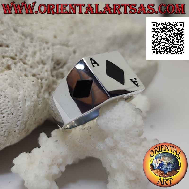 Smooth square silver ring with onyx ace of diamonds flush with the central edge and on the sides