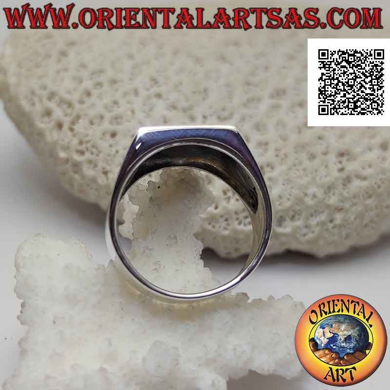 Glatter quadratischer Silberring mit Onyx-Ass aus Diamanten, bündig mit der Mittelkante und an den Seiten