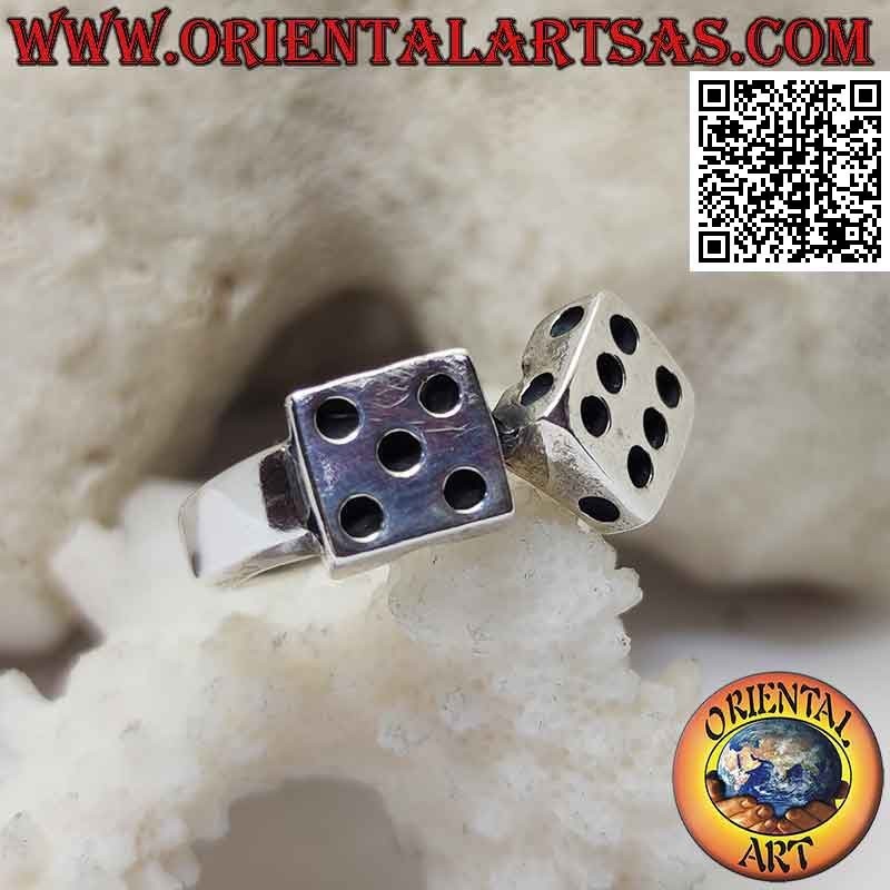 Silver ring in the shape of a pair of dice with engraved dots