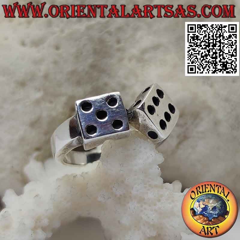 Silver ring in the shape of a pair of dice with engraved dots