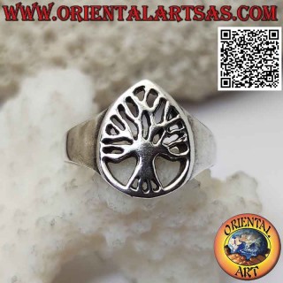 Anillo de plata liso en forma de gota con árbol de la vida calado