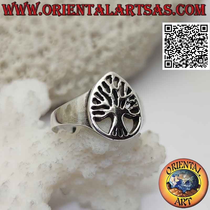 Bague en argent lisse en forme de goutte avec arbre de vie ajouré