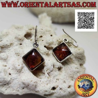 Boucles d'oreilles en argent avec cabochon losange carré ambre et bord lisse étroit