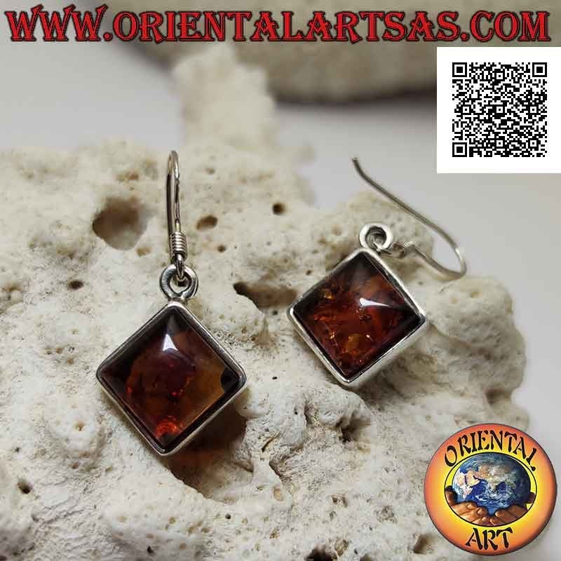 Silberne Ohrringe mit quadratischem Rhomboid-Cabochon-Bernstein und schmaler, glatter Kante