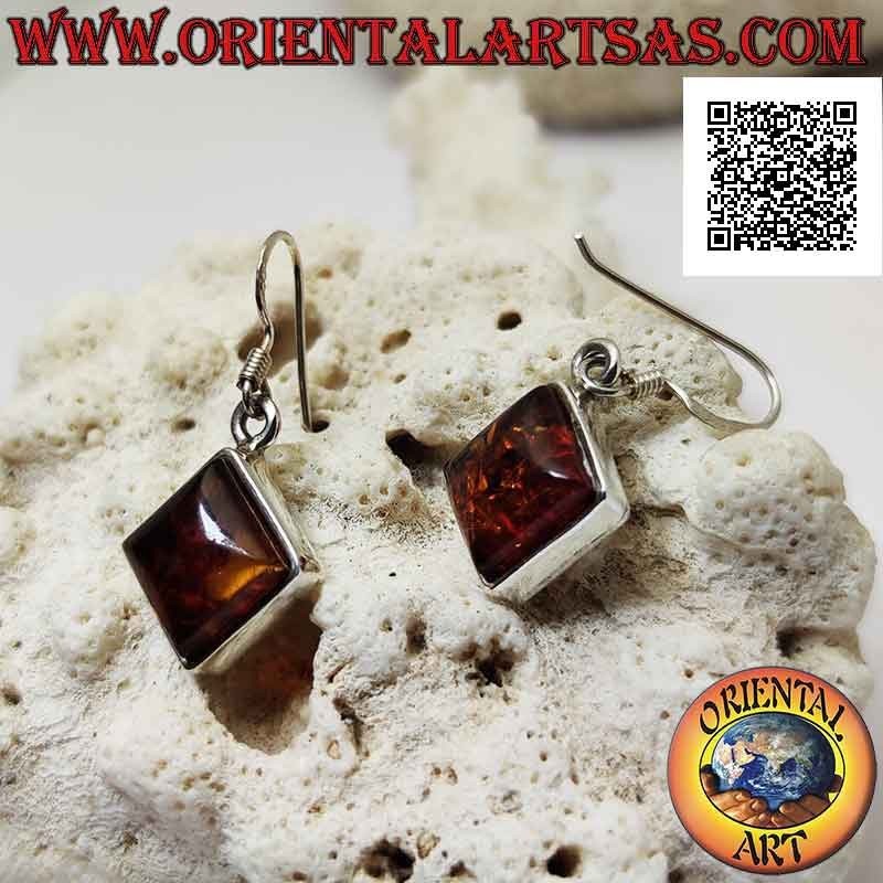 Silver leverback earrings with square rhomboid cabochon amber and narrow smooth edge