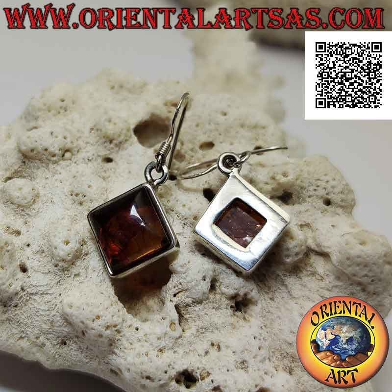 Silver leverback earrings with square rhomboid cabochon amber and narrow smooth edge