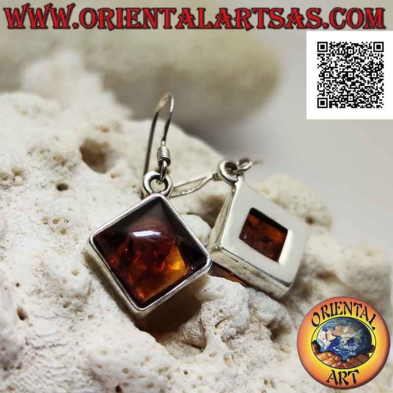 Silberne Ohrringe mit quadratischem Rhomboid-Cabochon-Bernstein und schmaler, glatter Kante