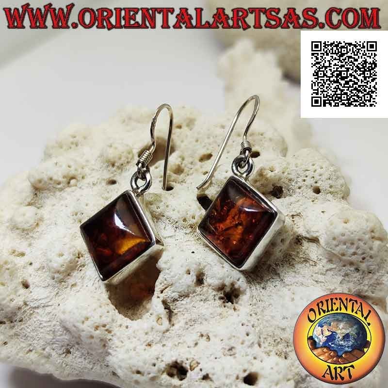 Silver leverback earrings with square rhomboid cabochon amber and narrow smooth edge