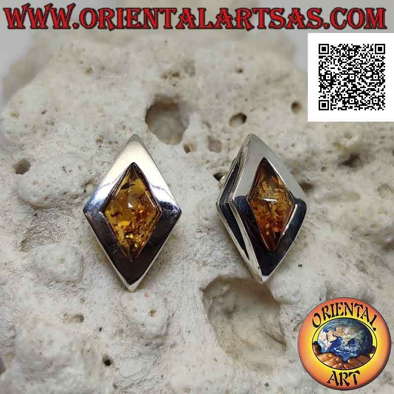 Silver lobe earrings with elongated rhomboid amber cabochon surrounded by a thick smooth edge