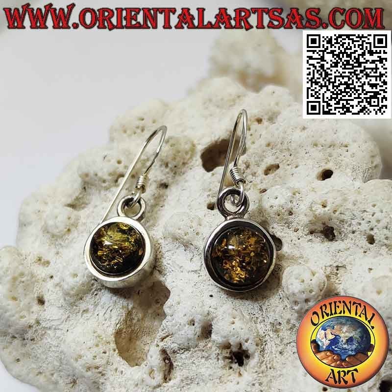 Smooth silver leverback earrings with green cabochon round amber