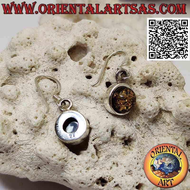 Smooth silver leverback earrings with green cabochon round amber