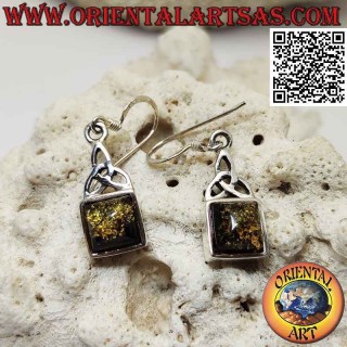 Silberne Hebelohrringe mit quadratischem Cabochon-Bernstein und Tyrone-Knoten oben