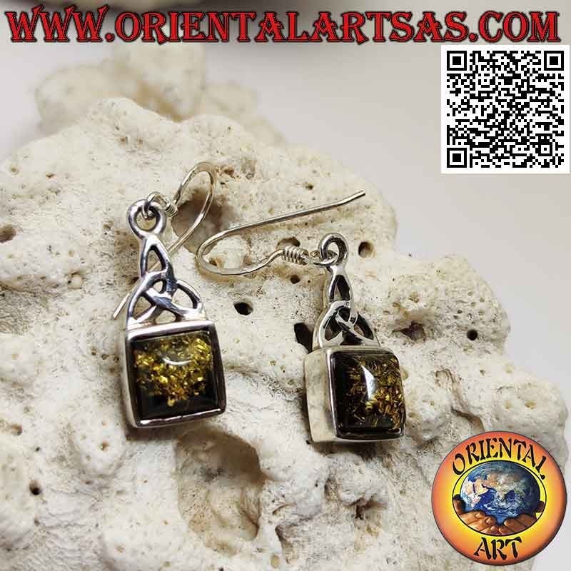 Boucles d'oreilles en argent avec cabochon carré ambre et nœud Tyrone dessus