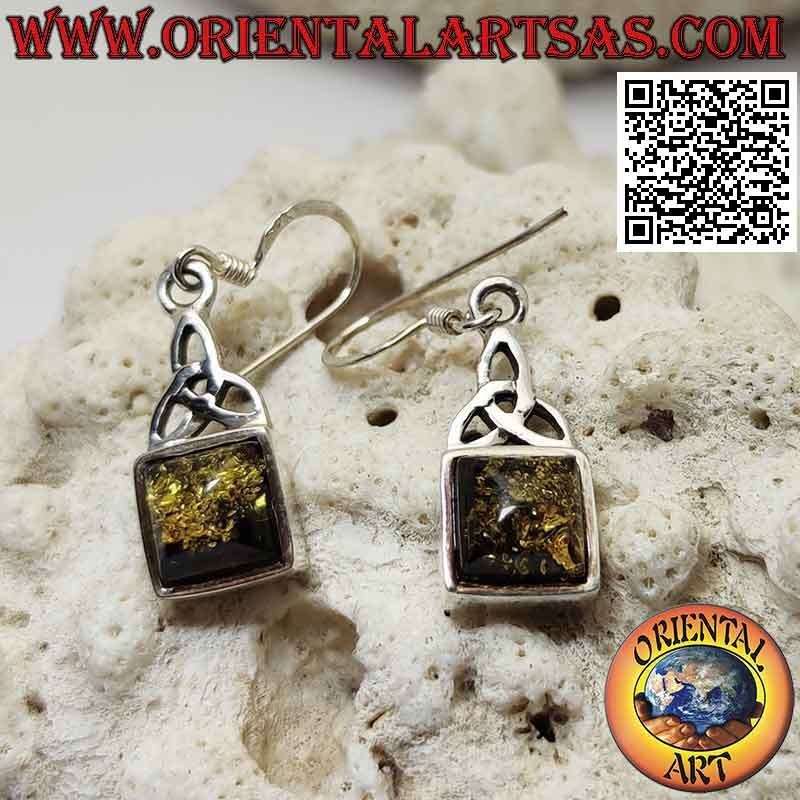 Silver leverback earrings with square cabochon amber and Tyrone knot above