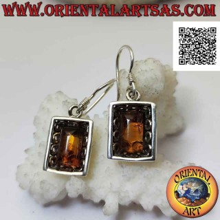 Boucles d'oreilles en argent avec cabochon rectangulaire ambre et cadre perforé