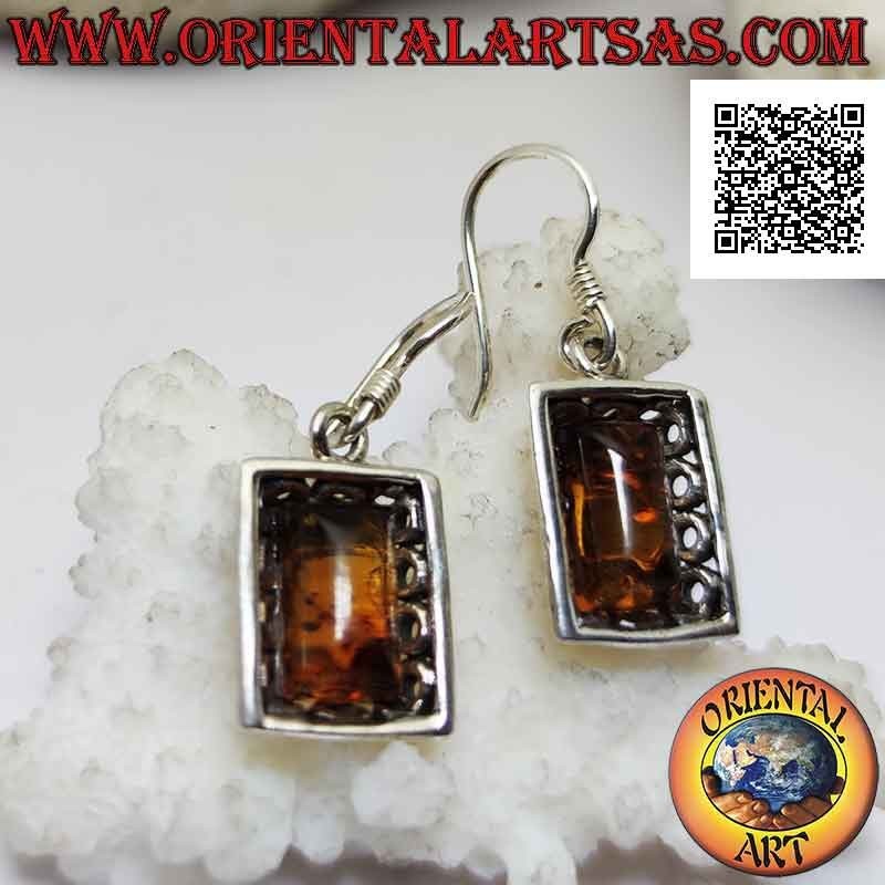 Pendientes de palanca de plata con ámbar cabujón rectangular y marco perforado